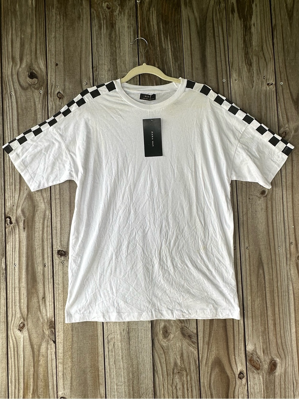 Zara Man White Check-Trim Tee - Casual Short Sleeve Shirt Men’s Size Small